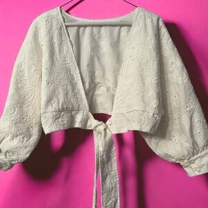 En Saison White Eyelet Embroidered Crop Top with Balloon Sleeves, Size M